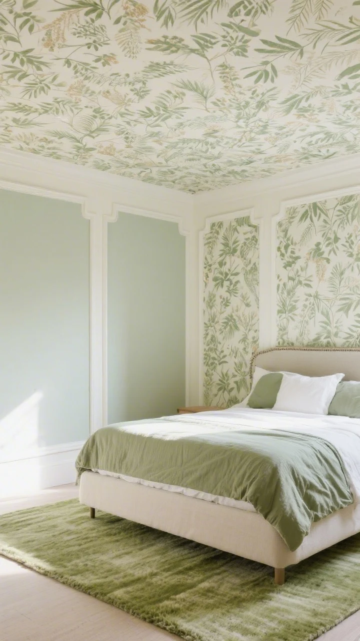 Medium shot of a bedroom with a ceiling covered in botanical peel-and-stick wallpaper in muted greens and creams, framed by painted molding for a built-in look; scale of print medium-large for a calm modern feel; the bedding and rug echo one hue from the wallpaper (sage) for cohesion; soft natural morning light; include a detail of a clean wallpaper seam and peel-and-stick edge for realism; no people, photorealistic textures on the grasscloth-like pattern areas
