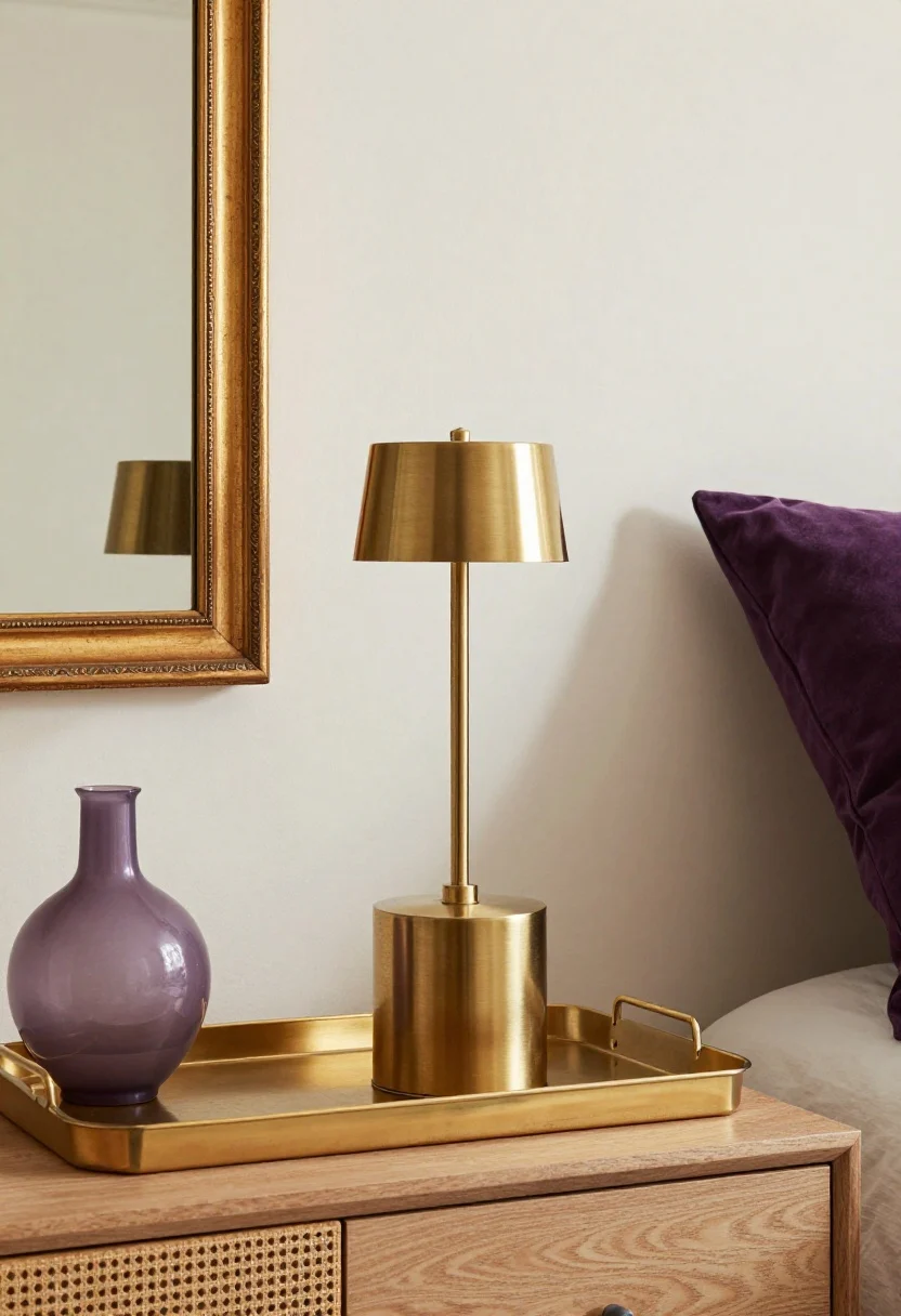 Medium shot of a bedside vignette featuring warm metals: a fluted table lamp with a brushed brass base on a nightstand, an antiqued gold-framed mirror above a dresser, and a slim brass tray corralling essentials. Purple accents appear in a plum pillow and a smoky lavender vase. Avoid high-shine chrome; use warm, soft lighting that flatters the metals, photorealistic.