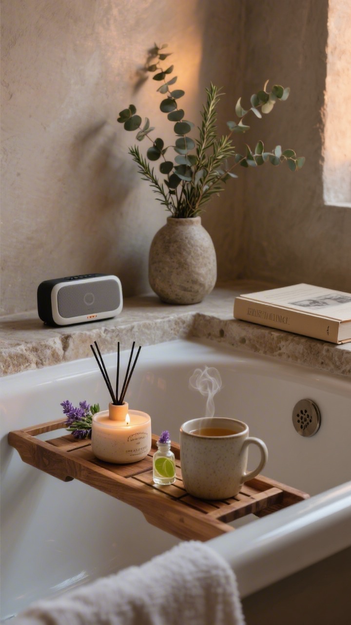 Medium shot of a calm scent-and-sound ritual setup: a wooden bath caddy across a tub holding a hand-poured candle, a ceramic diffuser emitting gentle vapor with lavender and bergamot oils, and a mug of tea beside a closed book; a small Bluetooth speaker perched on a nearby stone ledge; eucalyptus or rosemary bundles standing in a stone vase; warm, subdued evening lighting for a tranquil, natural ambiance.