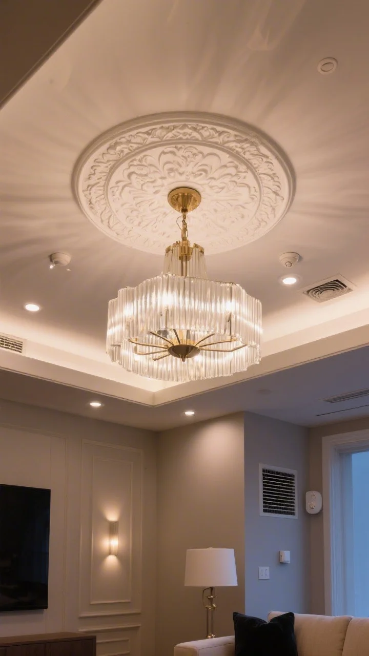 Medium shot of a living room ceiling featuring a bold, oversized contemporary chandelier scaled generously for presence, centered on an ornate white ceiling medallion for cheeky contrast; layered lighting includes dimmable recessed cans set low for evening mood; low-profile vent cover and a discreet smoke detector in matching white finish visible nearby; overall atmosphere warm and inviting at dusk with dimmers engaged, highlighting the fixture and medallion as the finishing touch