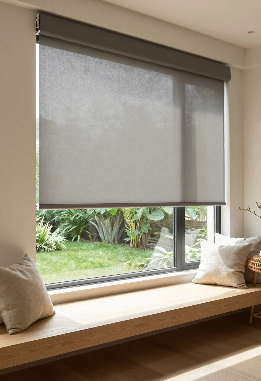 Medium shot of a modern sunroom window bank fitted with warm gray solar roller shades at 5% openness, partially lowered to show view-through to a garden; clean lines with the shades disappearing into the window frame, cordless lift; sandy beige textiles, natural wood bench, rattan side table, and linen cushions; bright midday sunlight filtered to reduce glare, sleek and minimal mood, corner angle composition