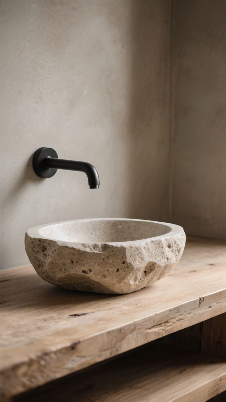 Medium shot of a sculptural stone vessel sink in travertine atop a simple natural wood countertop, paired with a matte black wall-mounted faucet; minimal counter styling so the sink is the star; soft, diffused lighting that highlights the raw, organic texture and subtle pits of the stone; neutral backdrop with warm gray tones; attention to sealed, honed stone finish for a custom, high-end look.