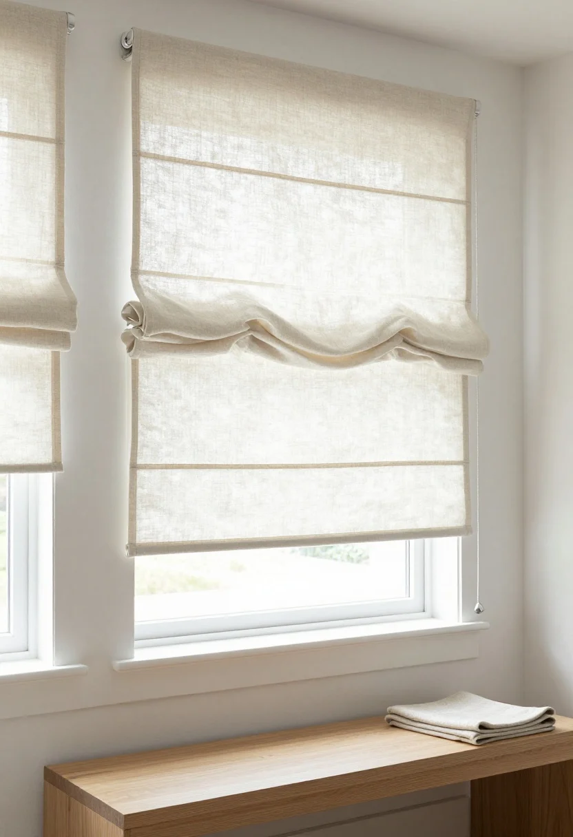 Medium shot of a serene sunroom wall featuring linen Roman shades inside-mounted on a bank of windows: one flat-front panel for a minimal modern look, one relaxed (smile) roman with gentle curve, and one hobbled with soft folds; pale flax fabric against crisp white walls for soft contrast; cordless lift controls; light oak bench with folded throw, diffused late-afternoon light for soft structure, straight-on framing