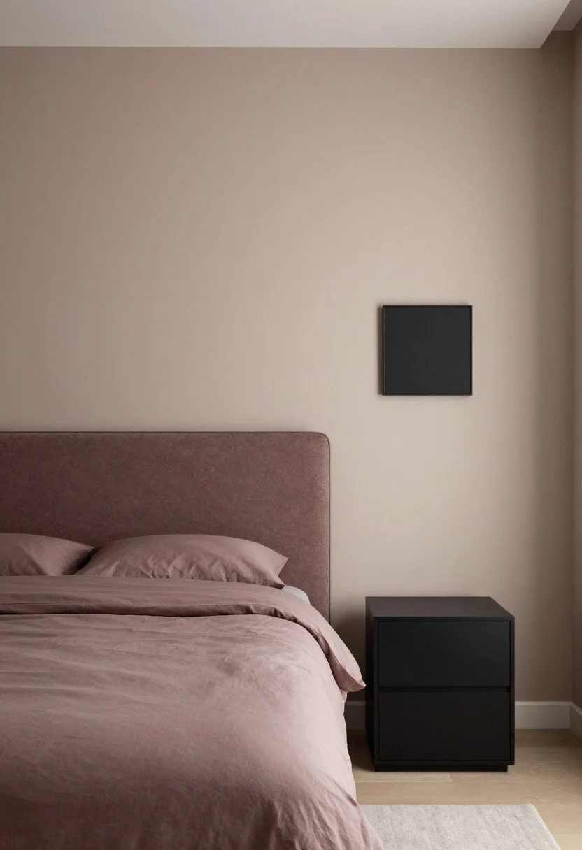 Medium shot of an edited three-color palette executed with discipline. Choose one combo and stick to it: for example, Dusty Mauve + Greige + Matte Black. Show dusty mauve bedding or drapery, greige walls and rug, and matte black hardware, frames, or a bed frame. Minimal accessories to emphasize negative space; clean, modern styling with soft natural light, photorealistic.