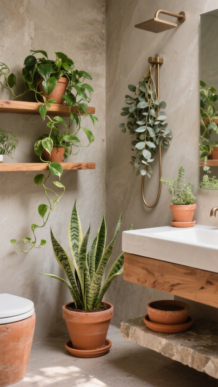 Medium shot of bathroom shelving styled with humidity-loving greenery: a pothos trailing dramatically from a wood shelf, a snake plant in a terracotta planter on the floor near the vanity, and eucalyptus sprigs hung in the shower for aromatherapy; planters in terracotta and stone with matching saucers to prevent water marks; muted stone and clay backdrop; gentle, indirect daylight enhancing lush greens.