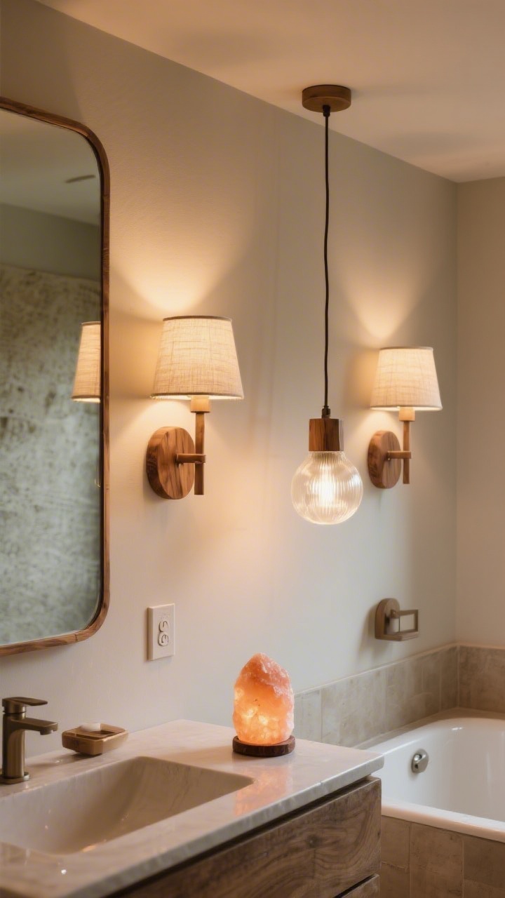 Medium shot of nature-inspired lighting that glows, not glares: a pair of wall sconces at eye level with linen shades flanking a mirror, a wood-accented pendant with frosted glass over the vanity, and a small salt lamp casting a warm ambient glow near the tub; dimmer switch visible; warm 2700K–3000K bulbs producing soft, flattering illumination; earthy materials and cozy mood, no harsh glare.