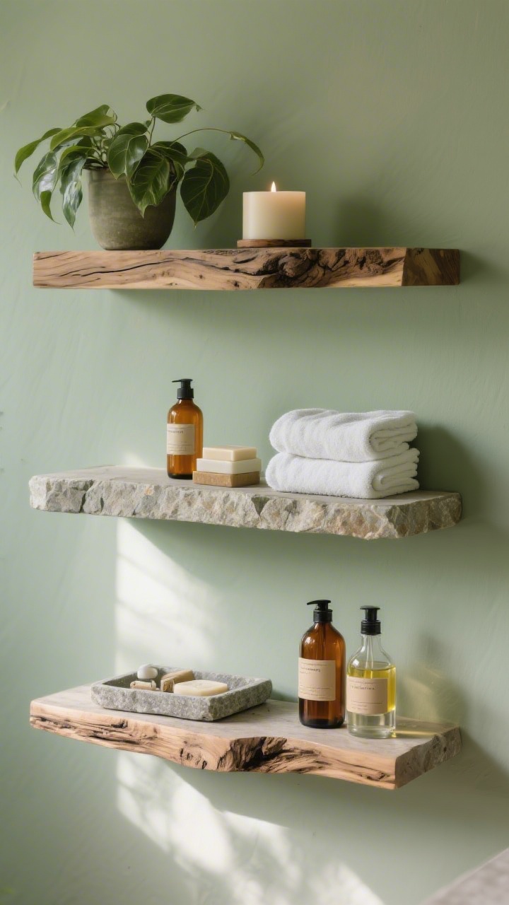 Medium shot of open shelving combining stone and wood: live-edge wood shelves anchored to a sage-painted wall, styled in groups of three—an olive-toned plant, a candle, and a neatly folded towel stack; soaps and oils decanted into amber and clear glass bottles with simple labels; a small stone tray corralling loose items; natural light accentuating the organic edges and sealed surfaces; calm, curated composition.