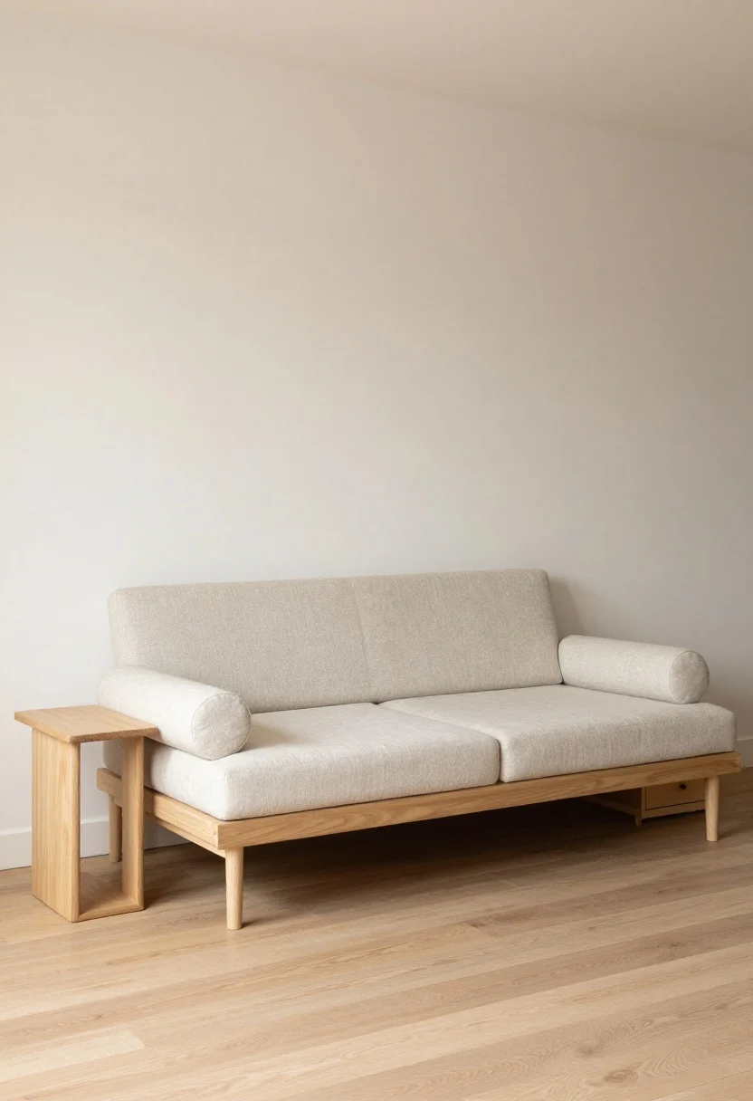 Medium shot of short wall: An upholstered daybed set along the short wall of a tiny room; structured back cushion and two cylindrical bolsters for a living-room-meets-bedroom look; slim C-table as a dual-purpose side table/nightstand; daybed on legs to reveal more floor for airiness; optional trundle drawer subtly visible; bright, natural daylight and a restrained color palette for visual calm.