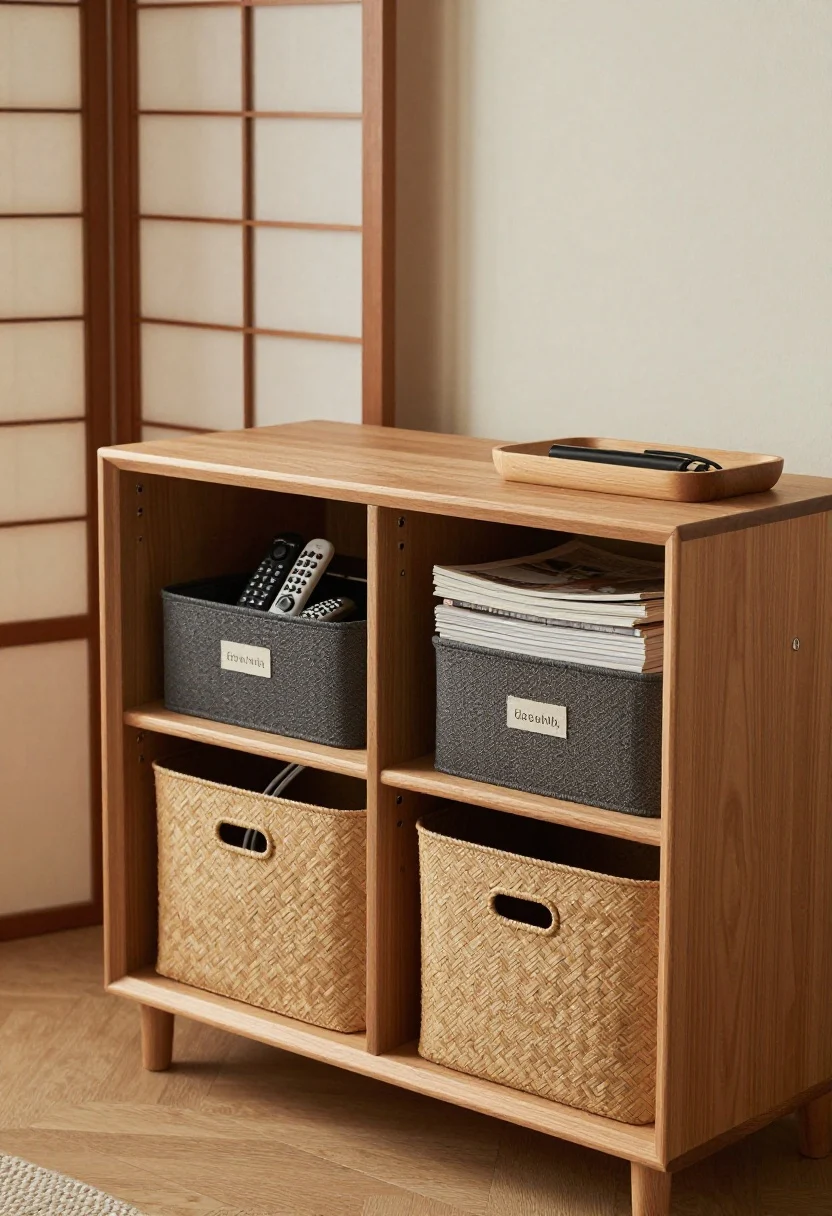 Medium shot of storage wall: A low, closed-door media console neatly concealing cables and devices; a few cohesive lidded baskets labeled discreetly inside an open cabinet or on a shelf for remotes, throws, and magazines. Include a minimalist tray on top and a cable sleeve peek-free setup. A shoji-inspired folding screen partially conceals a compact workspace in the background. Soft, warm light; uncluttered calm. Photorealistic, tidy.