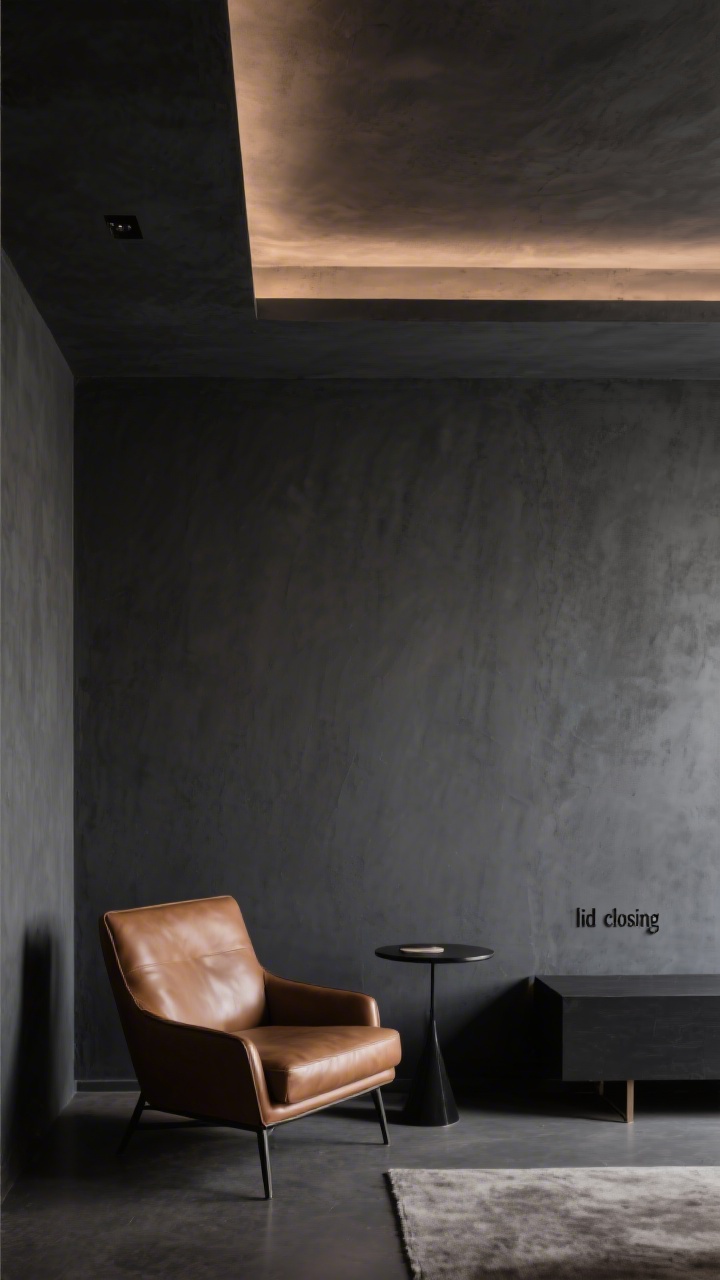 Medium shot, straight-on view of a living room wall and ceiling showcasing a moody base: walls painted matte charcoal gray with a half-shade-lighter charcoal ceiling to avoid the “lid closing” effect; soft evening ambient light grazing the surface to show the matte finish absorbing light and hiding imperfections; minimal furnishings include a tan leather chair to hint at warm espresso/chocolate palette synergy, and a small black side table; no gloss, no bright highlights—intentional, boutique-hotel expensive vibe, dramatic yet not cave-like.