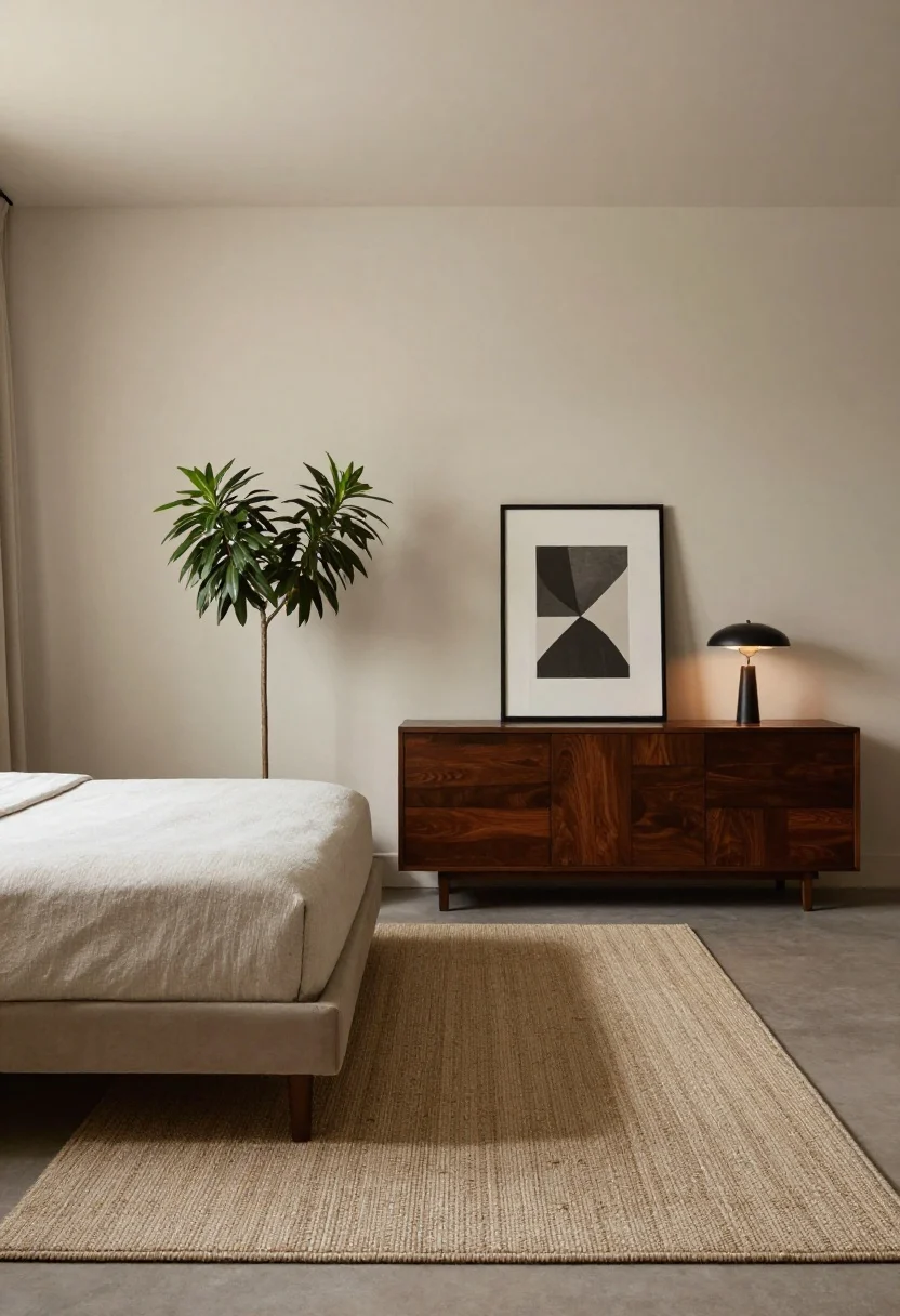 Medium shot with asymmetry: Bed placed slightly off-center on a wall to make space for an oversized nightstand on one side and a narrow gap on the other; a centered area rug anchors the composition; a tall plant and framed artwork on the “short” side balance visual weight; statement table lamp on the larger nightstand; warm, balanced lighting; muted palette with a textured rug tying the layout together.