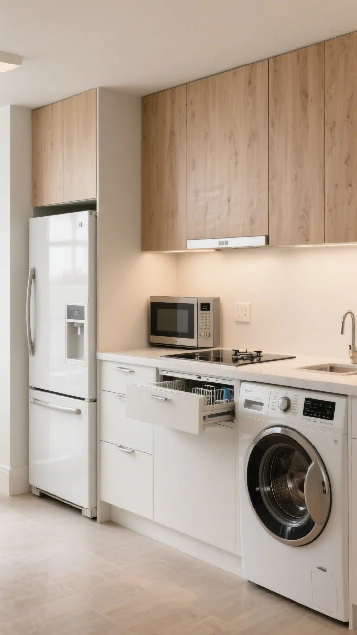Medium, straight-on appliance-focused shot: a sleek one-wall setup with integrated panel-ready counter-depth fridge, 24-inch dishwasher, and an 18–24 inch induction cooktop over a compact oven. Add a microwave drawer tucked into the base cabinetry and a concealed washer-dryer combo behind a matching cabinet panel. Emphasize flush cabinet panels in light oak or soft white for a seamless “one gorgeous wall” effect, matte finishes, minimal hardware, soft warm lighting, photorealistic.