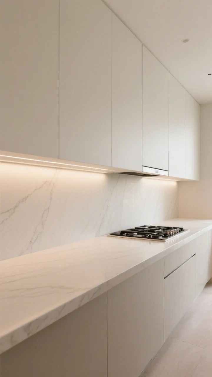 Medium, straight-on composition focused on unbroken lines: a single continuous matte quartz or porcelain slab countertop with matching full-length backsplash running end-to-end in a monochrome creamy white/soft greige palette. Add a dramatic backsplash rising to the ceiling behind a low-profile hood over the cooktop and a waterfall edge on one counter end to frame the zone. Soft, diffuse warm lighting that minimizes reflections, photorealistic.
