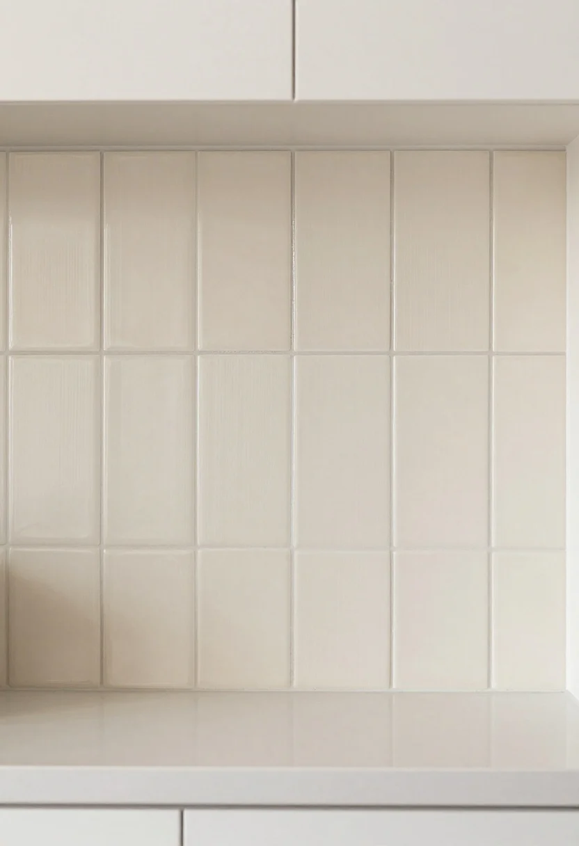Medium, straight-on composition of a backsplash framed by slim ceramic pencil liners in a tone-on-tone ivory matching small-format subway tiles; a single liner outlines the vertical edge where tile meets painted wall, low-contrast grout keeps the line clean, and under-cabinet lighting adds a gentle highlight without stealing focus.