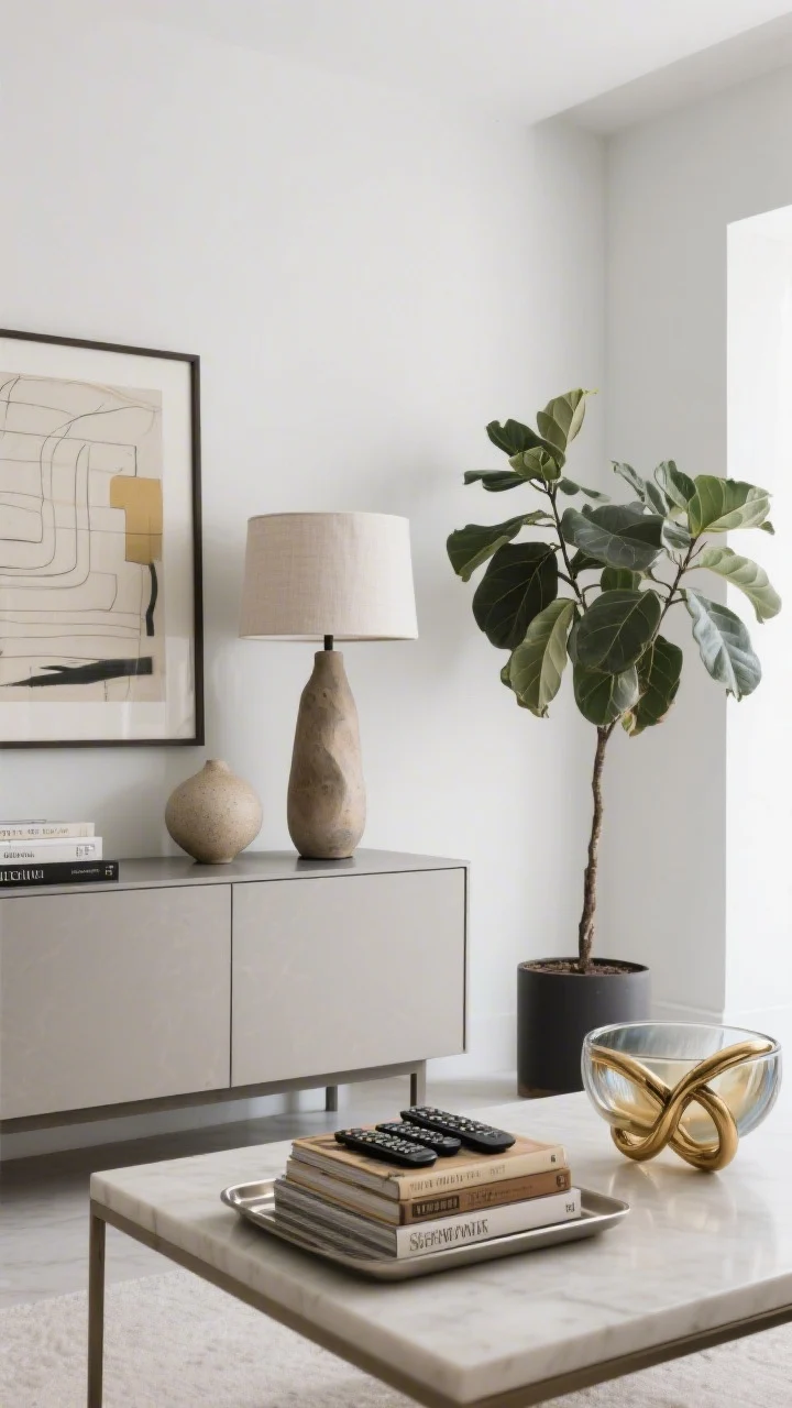 Medium, straight-on vignette of a credenza styled with modern restraint: a tall lamp with linen shade, a piece of art leaned behind it, and one organic ceramic object. On a nearby coffee table, apply the rule of thirds—stack of vintage design books, a sleek tray corralling remotes, and a sculptural brass knot or Murano-style glass bowl. Add a rubber tree plant to soften lines. Negative space intact, clean daylight; photorealistic.