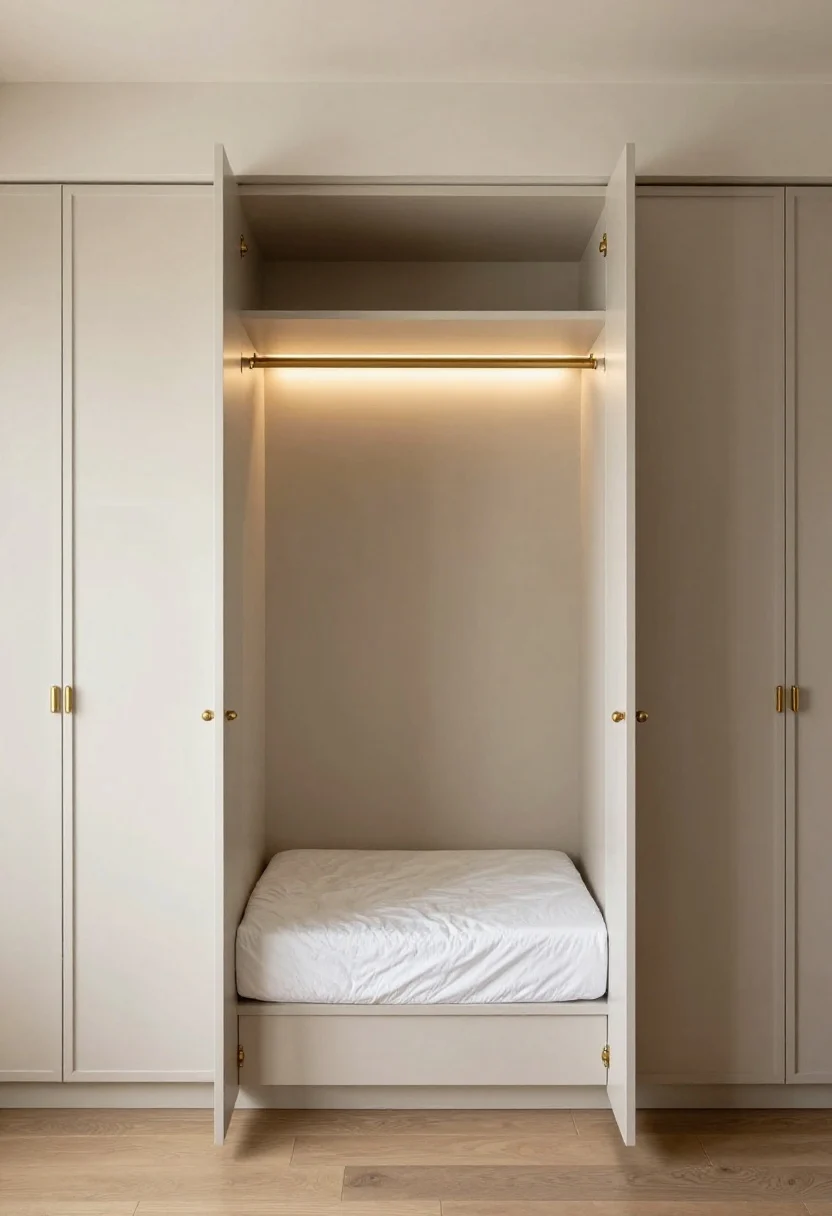 Medium, symmetrical view: Bed centered between two built-in closets with symmetrical decorative hardware; a shallow bridge cabinet or shelf overhead creating a boutique-hotel frame; 18–24 inches of airy space above the mattress to avoid heaviness; soft-close, flush-faced doors; neutral cabinetry in warm white with brass pulls; warm task lighting washing the headboard and balanced ambient light.