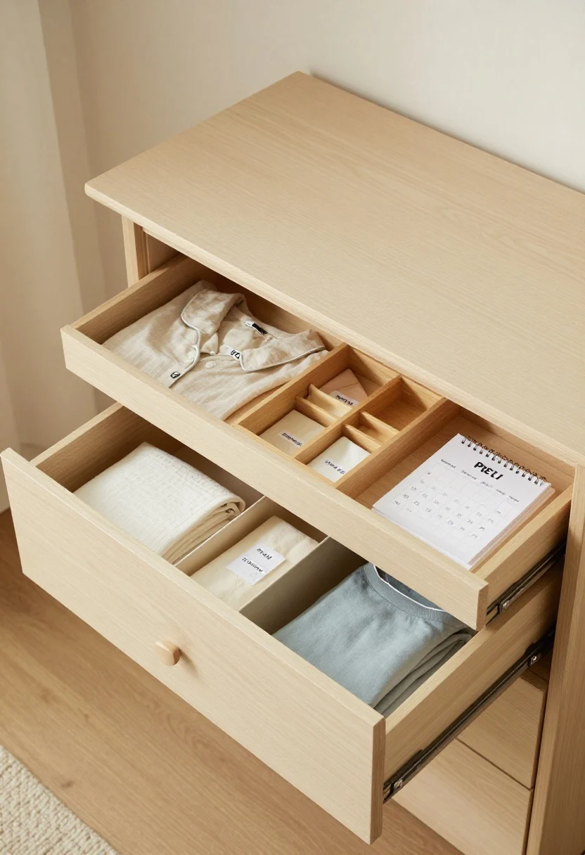 Overhead detail shot: A neatly organized capsule wardrobe zone laid out on a dresser top and open drawer: labeled bins for seasonal items, small trays dividing sleepwear, workwear, gym gear, and lounge sets; a calendar card noting a quarterly 30-minute reset; pale linens and light wood surfaces maintain an airy palette; soft, natural top light emphasizing tidy zones and minimalism.