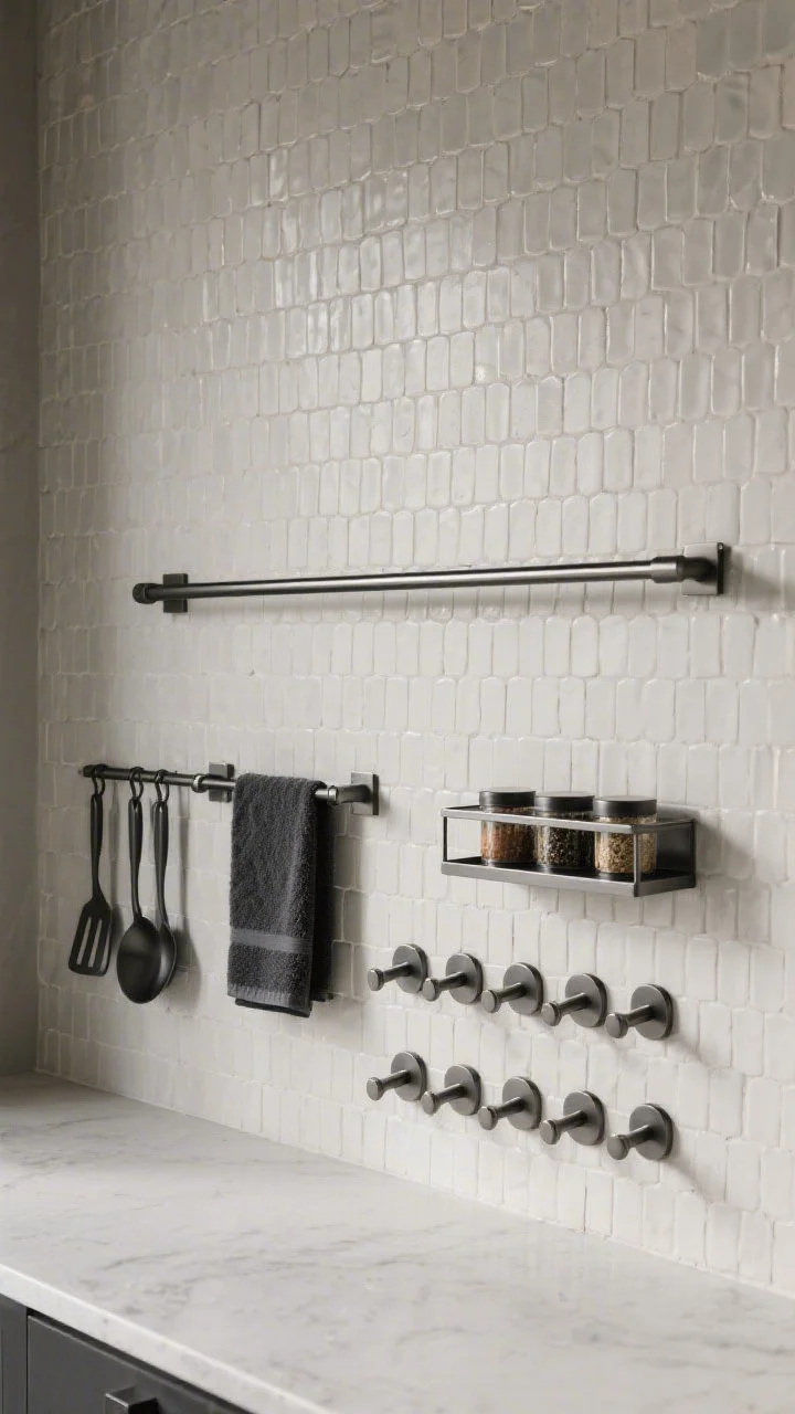 Overhead detail shot focused on repetition and rhythm: a continuous run of stacked tile pattern across the wall sample, aligned linear elements like a slim metal utensil rail, a towel rod, and a narrow spice shelf, and a consistent set of matching hardware pieces (same finish and scale) laid out parallel. Neutral palette with matte black or brushed nickel finishes, crisp shadows for clarity, photorealistic.