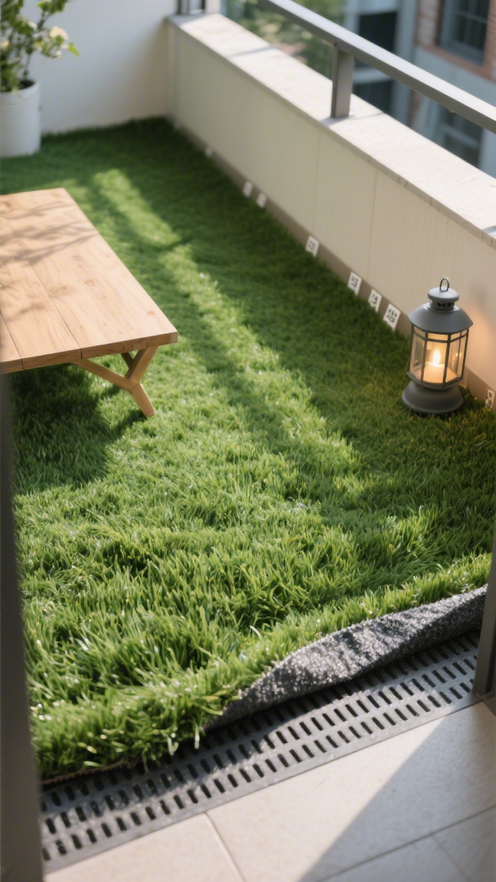 Overhead detail shot of lush artificial turf on a compact balcony: UV-stabilized turf with a realistic 30 mm pile, fibers brushed upright for a plush appearance. Show a drainage underlay edge visible beneath a corner flap, with outdoor-rated double-sided tape securing the perimeter. Include a low wood table casting a soft shadow, and a matte lantern nearby to suggest evening ambiance. Natural daylight with soft highlights on blades; fresh, picnic-ready mood; no people.