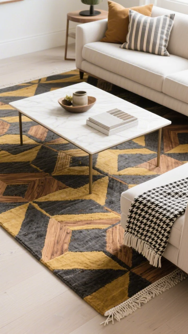 Overhead detail shot of pattern play on a coffee table and surrounding area: a large-scale geometric rug in muted mustard, charcoal, and natural oak tones; medium-scale striped pillows on a nearby sofa; and a small-scale houndstooth throw folded at the edge. Keep the palette to 2–3 core colors for cohesion. Include a swatch or taped rug corner to suggest testing scale. Soft daylight, crisp focus, photorealistic.