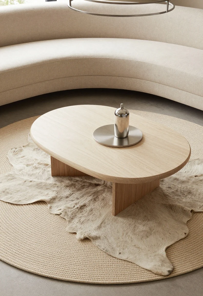 Overhead detail shot: Rug geometry taming angled walls—an oval base rug topped with an irregular cowhide overlay beneath a pedestal coffee table; above, the edge of a round chandelier hints at matching curves; nearby, a curved sofa arc peeks into frame to reinforce the gentle center; materials mix includes organic hide, woven rug texture, brushed metal pendant, and smooth stone or wood pedestal; balanced, softly lit scene in an A-frame/bay-window context, photorealistic.