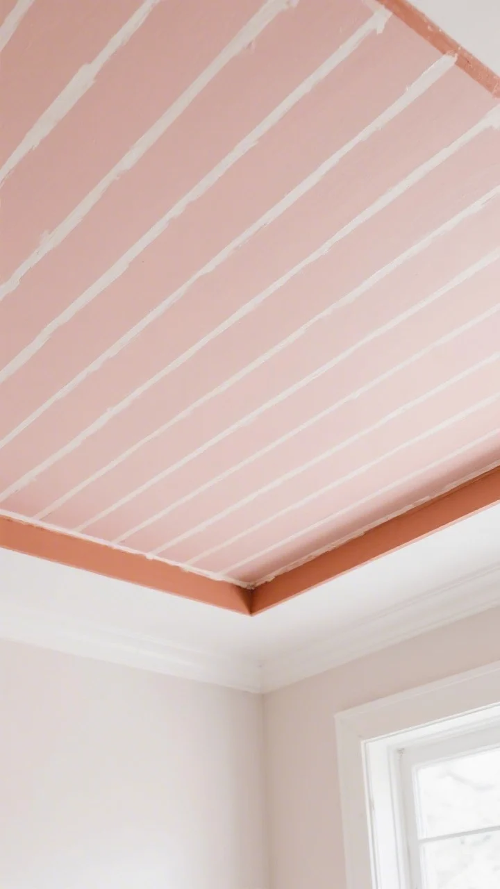 Overhead-oriented detail shot of a ceiling painted with thin, evenly spaced white pinstripes over a soft dusty rose ground, executed with crisp painter’s tape lines; a 8-inch contrasting border band in clay running around the room’s perimeter, creating instant architectural detail; subtle ombre fade toward a lighter center for lift; palette limited to 3 colors (dusty rose, clay, white); bright indirect daylight showing flawless paint edges and smooth texture