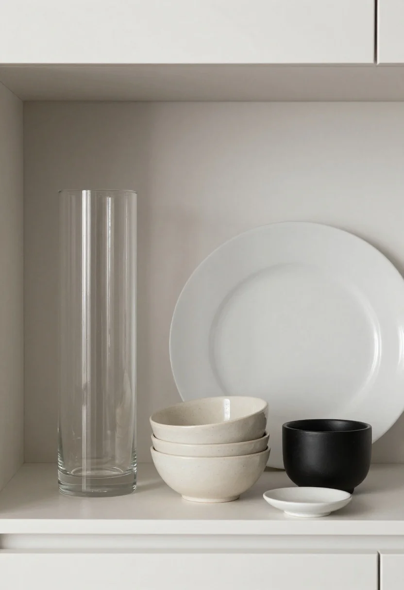 Photorealistic closeup detail shot of a “rule of three” vignette on a kitchen shelf: a tall clear glass carafe, a medium stack of neutral stoneware bowls, and a low salt cellar in matte black. Layer elements front-to-back with a white dinner plate leaning at the back, the bowl stack in front, and a tiny accent dish forward. Negative space visible at shelf ends. Soft diffused daylight, straight-on angle, crisp shadows that emphasize varied heights and shapes.