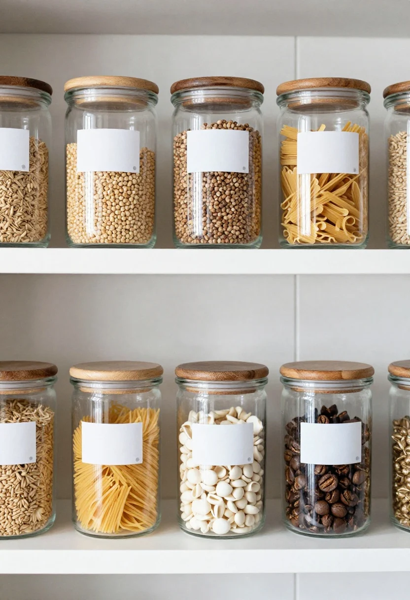 Photorealistic closeup of decanted pantry basics on a shelf: matching glass canisters and airtight jars with uniform wood lids, filled with grains, pasta, and baking staples grouped by type. Tiny minimalist labels (small dots or discreet script) for each jar. No chips or fragile snacks. Clean white tile backdrop, soft even lighting, crisp clarity of contents, visually cohesive and calm.