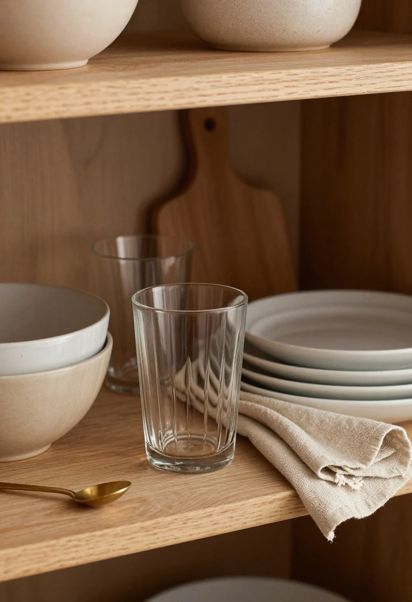 Photorealistic closeup texture study on a single kitchen shelf: interplay of wood grain cutting boards, matte stoneware bowls in warm neutrals, fluted ribbed glass tumblers catching subtle highlights, and a neatly draped natural linen tea towel over a stack of white plates. One small polished metal accent only (e.g., a brushed brass teaspoon) to keep shine minimal. Side light emphasizes texture depth; shallow depth of field for tactile focus.