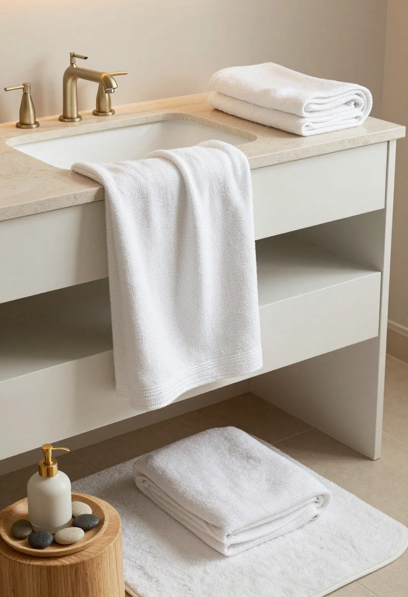 Photorealistic detail closeup of spa-grade materials and textiles: a white oak or walnut vanity edge with matte, brushed nickel or champagne bronze faucet, set against a matte stone countertop; draped Turkish cotton bath sheet with visible plush weave, a folded waffle robe corner, and a cushy stone or memory-foam bath mat below; small teak stool with a tray of smooth river stones and a ceramic pump bottle; soft, warm lighting that enhances texture; tight framing to highlight wood grain, matte finishes, and textile softness, overhead three-quarter angle