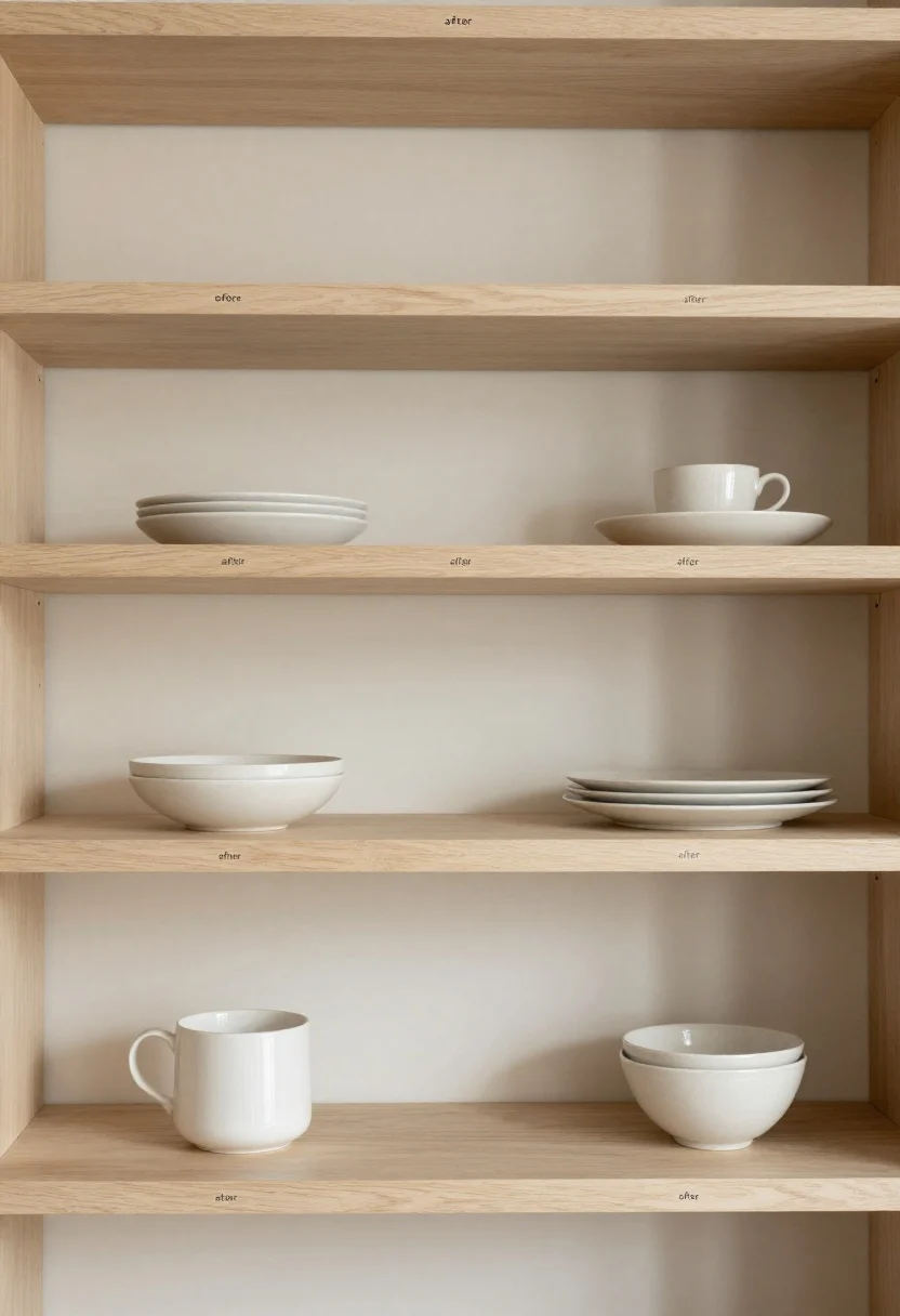 Photorealistic medium shot answering common mistakes to avoid: a before-and-after style single shelf where the “after” dominates the frame—scaled-up objects replace too many tiny items, labels are uniform and minimal, and 3–4 inches of negative space remain at the shelf ends. Neutral palette, balanced composition, straight-on view, soft natural light highlighting clarity and calm.