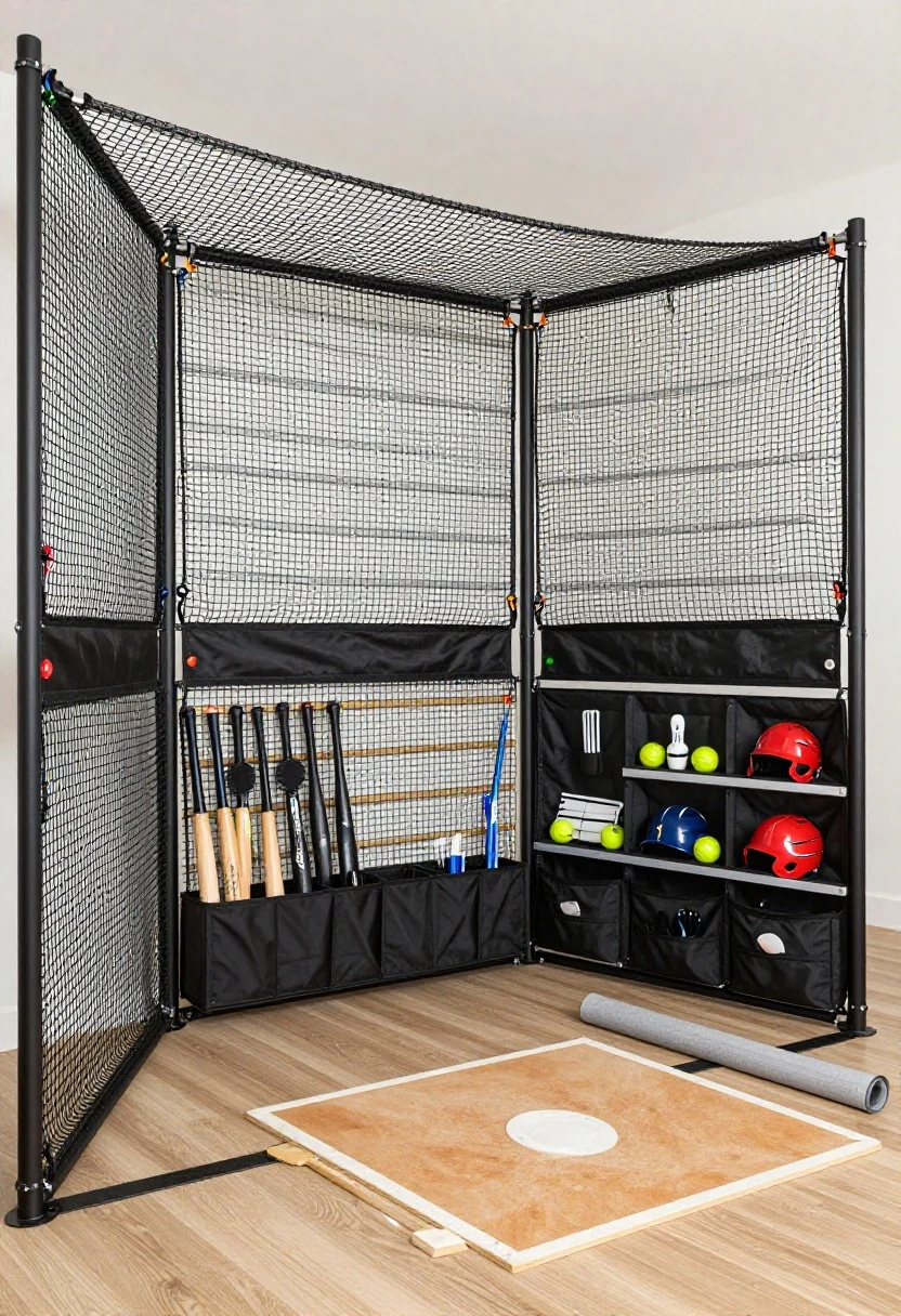 Photorealistic medium shot of a multi-sport modular cage interior: clip-in net panels with denser netting behind home plate for baseball, tighter-weave side panels for lacrosse, and extended side wings for catching golf shanks; color-coded carabiners and grommets marking zones for quick swaps; a neat slatted gear wall and weatherproof storage bins holding bats, balls, tees, helmets; swappable home plate and a rolled pitching mat ready; neutral daylight, organized and versatile aesthetic