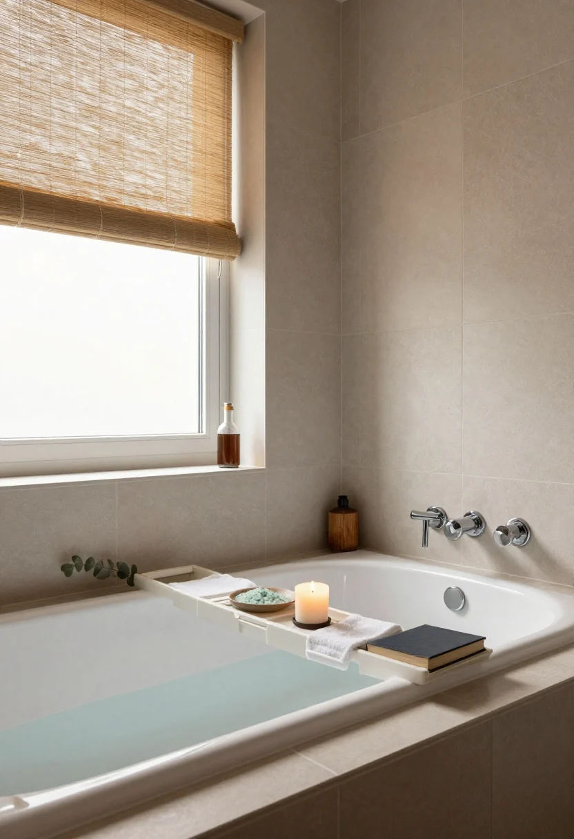 Photorealistic medium shot of a serene tub sanctuary in an alcove: deep soaking alcove tub with a deck-mounted hand shower; a curated tub tray holding a candle, a simple dish of bath salts, a washcloth, and a closed book; textural tile surround wrapping up the wall with a slim micro-edge ledge displaying a small bud vase and bath oil; window treated with frosted film or woven shades filtering soft natural light for privacy; cohesive scent cue implied by eucalyptus or cedar items; calming, warm tone lighting; perspective from the bathroom corner to capture tub, ledge, and window together