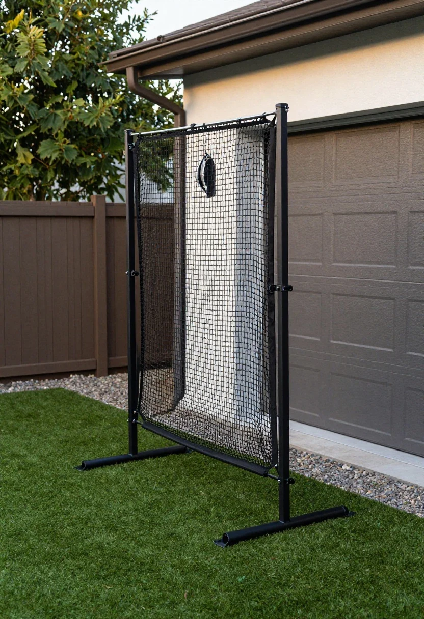 Photorealistic medium shot of a sleek retractable backyard batting cage mid-deployment: black UV-rated 1 3/4" mesh netting gliding along a stainless cable pulley system mounted to powder-coated matte-black steel posts and wall-mounted eye bolts on a modern fence and garage side; permeable base with compact gravel edges transitioning to deep green turf roll; subtle evening natural light with clean lines, tidy drainage slope visible, no people, minimalist backyard styling