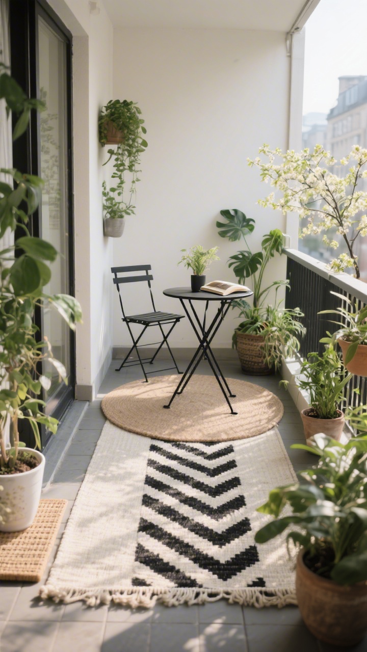 Photorealistic medium shot of a small spring balcony styled with weatherproof outdoor rugs: a larger neutral polypropylene base rug layered with a patterned runner featuring bold black-and-white geometric stripes to visually widen the narrow space. Include a round rug placed under a compact black metal bistro set to soften the boxy layout. Add non-slip pads peeking subtly at corners, and a few potted plants defining a “reading corner” and “plant jungle” zone. Soft morning natural light, slight breeze ruffling plant leaves; color palette of neutrals with graphic monochrome pattern; clean, cozy vibe; no people.