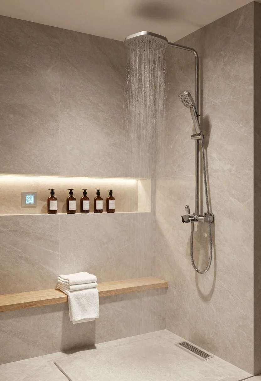 Photorealistic medium shot of a steam shower sanctuary: a ceiling-mounted rain shower running in gentle steam, with honed marble and tumbled limestone–look porcelain tiles in soft gray-beige tones; built-in teak or stone bench with a folded white towel; recessed wall niche neatly holding uniform bottles; thermostatic smart controls glowing at a preset temperature; dim, warm lighting creating a relaxing mood; include a hand shower on a vertical bar for flexibility; perspective from the shower entry at a slight corner angle, no people, water droplets on textured tile visible