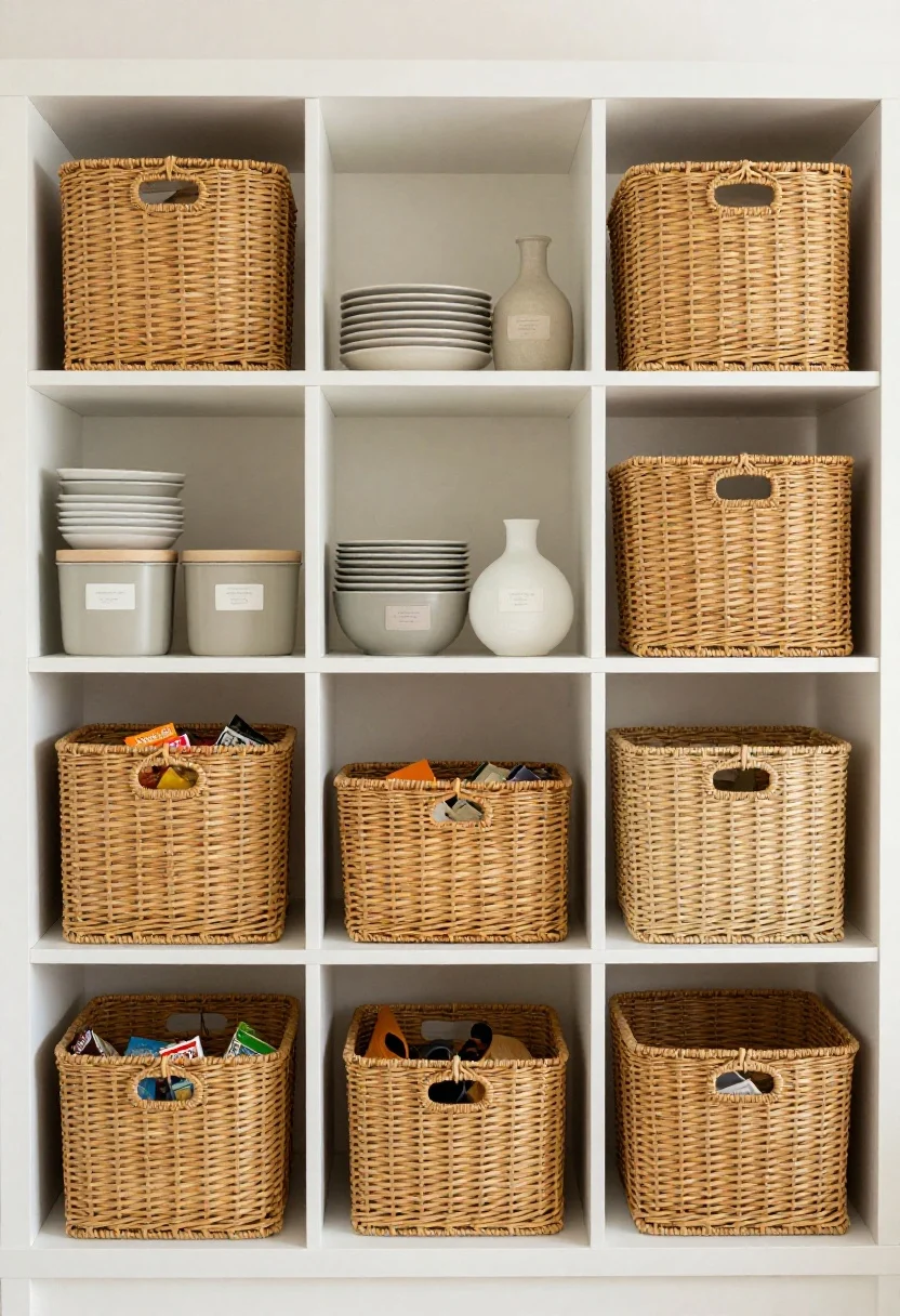 Photorealistic medium shot of mixed open-and-closed storage on kitchen shelves: woven opaque baskets and matte lidded bins corral snacks and random tools, each with discreet tone-on-tone labels. At eye level, display pretty items like neutral plates and a petite vase; at arm’s reach, stash heavy-use pieces in labeled bins. Include one basket per shelf for balance. Warm natural light, white wall backdrop, functional yet tidy look, no brand labels visible.