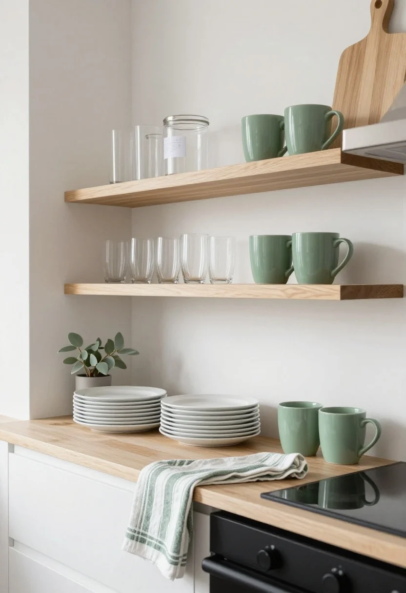 Photorealistic medium shot of open kitchen shelves styled with a tight 3-4 color palette: white, light natural wood, matte black accents, and a pop of sage green. Include stacks of white ceramic plates, clear drinking glasses, light wood cutting boards, two sage-green mugs, a small potted plant with soft sage leaves, and a neatly folded green-striped cotton towel. Opaque stoneware canisters hide labels. Soft morning natural light from the left, clean white backsplash, minimal visual noise, calm and curated mood.