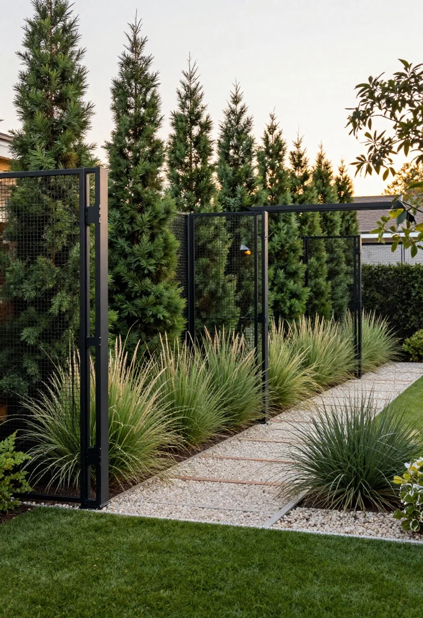 Photorealistic medium-to-wide backyard showpiece framed with natural screening: matte-black cage posts softened by a layered landscape—columnar evergreens (arborvitae) along the long side, airy ornamental grasses, and evergreen shrubs; a slim gravel border encircling the cage to keep mud off nets; a simple black metal garden arbor forming an entry moment at home plate; deep green turf, tidy modern lines, soft golden-hour light highlighting contrasting textures of metal, stone, and foliage