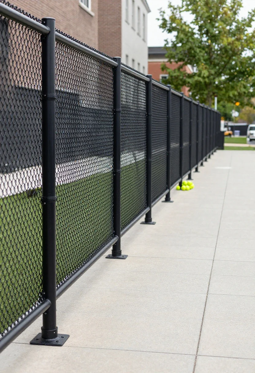 Photorealistic narrow side-yard medium shot: a compact 40-foot batting tunnel running parallel to a fence line using narrow-footprint black posts; opposite side features a clean vinyl or cedar privacy screen creating a visual corridor; turf or interlocking gym tiles underfoot for quiet; home plate subtly offset from the net to reduce ricochet; a small stack of reduced-flight foam balls and a tee/soft-toss net visible; muted daylight, tight urban yard proportions