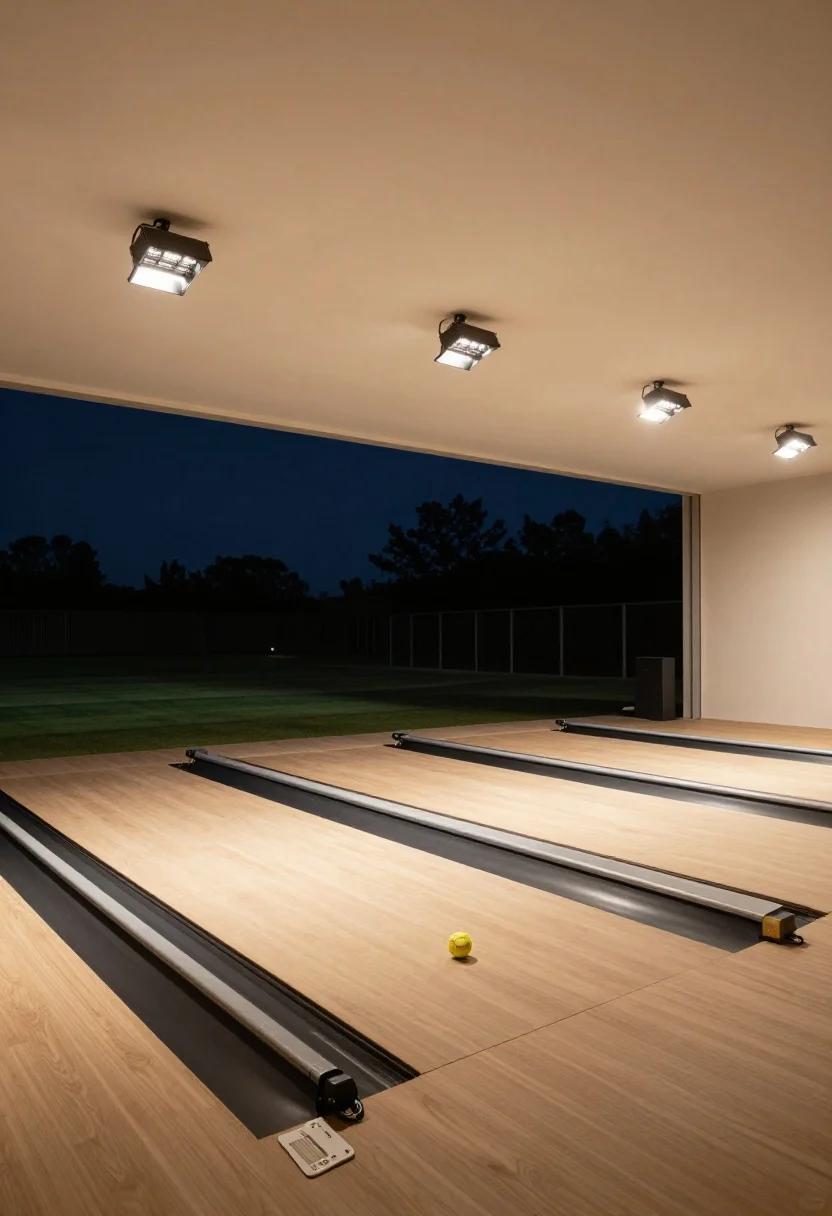 Photorealistic night-time wide shot of a batting lane with pro-level lighting: three CRI 80+ LED floodlights mounted on offset poles and house fascia, aimed 30–45 degrees downward for balanced, glare-shielded illumination; cool-neutral 4000–5000K light rendering the ball and turf clearly; weather-rated junction boxes and a smart timer switch box visible; matte-black hardware, evenly lit lane without harsh hotspots, calm suburban night sky