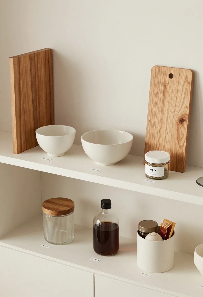 Photorealistic overhead detail shot of a quick styling checklist in action on a single shelf: grouped trio with varied heights, clear negative space on both ends, textures mixed (wood board, matte ceramic bowl, ribbed glass), items aligned to a 3-4 color palette, “ugly” items hidden in a small opaque bin, and decanted staples with tiny labels. Clean lines, shadows indicating depth, minimal visual noise.