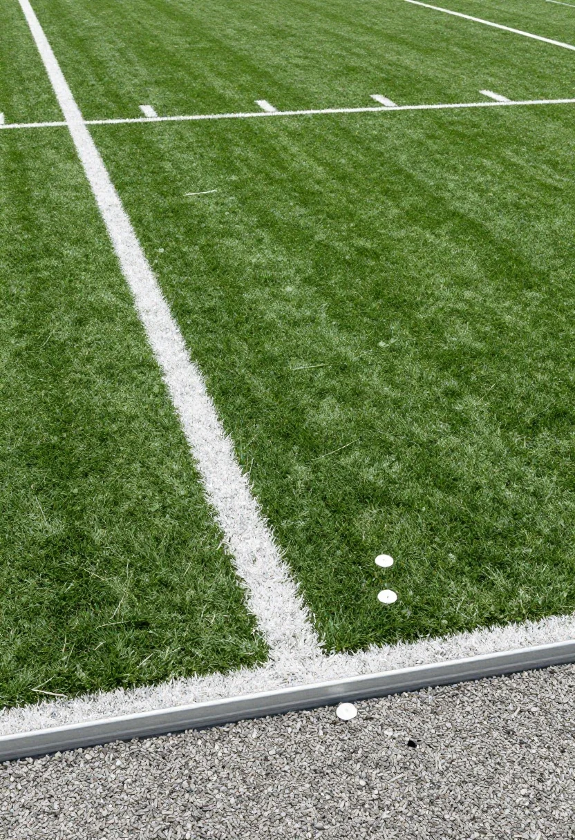 Photorealistic overhead detail shot of a turf-down training lane: layers visible at a clean edge cutaway—compacted class 5/DG gravel base, shock pad, and low-pile turf with crisp white field-painted batter’s box lines; slim metal landscape edging giving a sharp boundary and containing infill; slight crowned slope hinting at drainage; a contrasting target board/plate area and small pop-up targets placed ahead; bright daytime light emphasizing textures of turf fibers and gravel