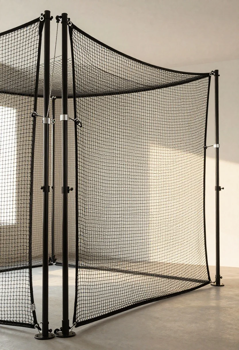 Photorealistic wide, minimalist cable-based batting cage: overhead stainless steel cables tensioned with sleek turnbuckles between evenly spaced black posts (10–15 ft apart); reinforced-edge netting clipped along a top seam; extra slack in the rear panel as a safety buffer; hardware in black and stainless for a low-visual, high-performance look; ground sleeves at posts; soft afternoon light with gentle shadows, open breezy feel, uncluttered background