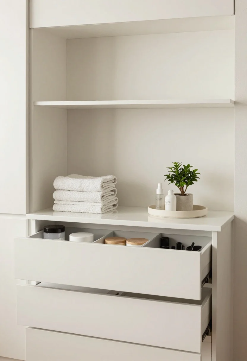 Photorealistic wide shot focused on clutter-free calm and storage: a clean vanity with recessed medicine cabinet and wall niche, clear countertops except a single tray with essentials; drawers slightly open to show organized inserts and dividers for skincare and hair tools; lidded baskets or boxes on a lower shelf; a restrained open shelf vignette with one neatly folded towel stack, one small plant (ZZ plant or pothos), and one tray—nothing more; monochrome, soothing palette with soft, indirect lighting; straight-on composition emphasizing clean sightlines and serenity, no people