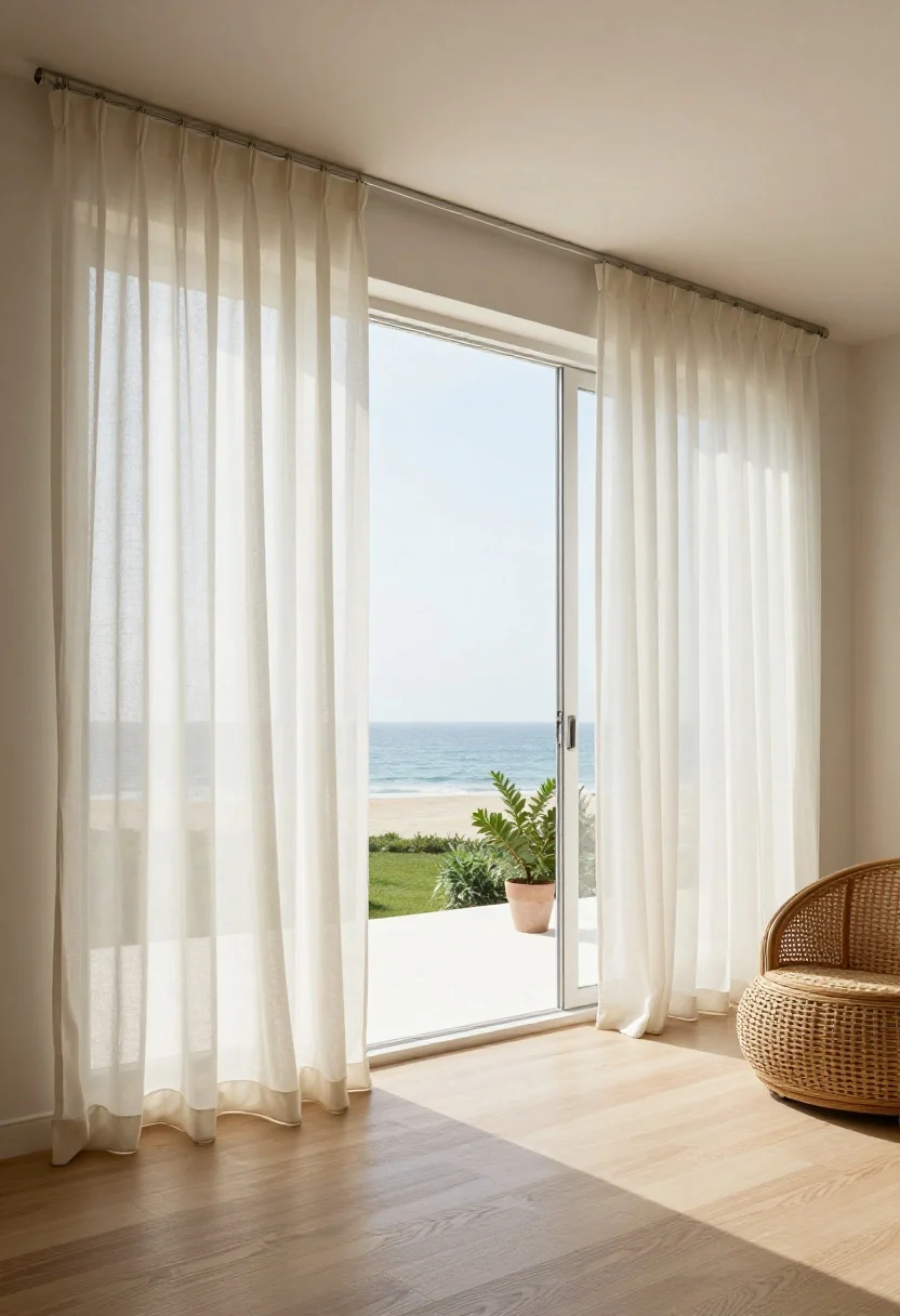Photorealistic wide shot of a bright coastal sunroom with floor-to-ceiling off-white sheer curtains in voile gently billowing from open windows, hung high and wide on slim brushed metal rods with ring clips; double-layered sheers for adjustable softness; creamy oatmeal tones against crisp white walls, light oak floors, rattan accent chair, and potted greenery; mid-morning light diffused softly, airy and calm, straight-on view highlighting the grand elongated windows