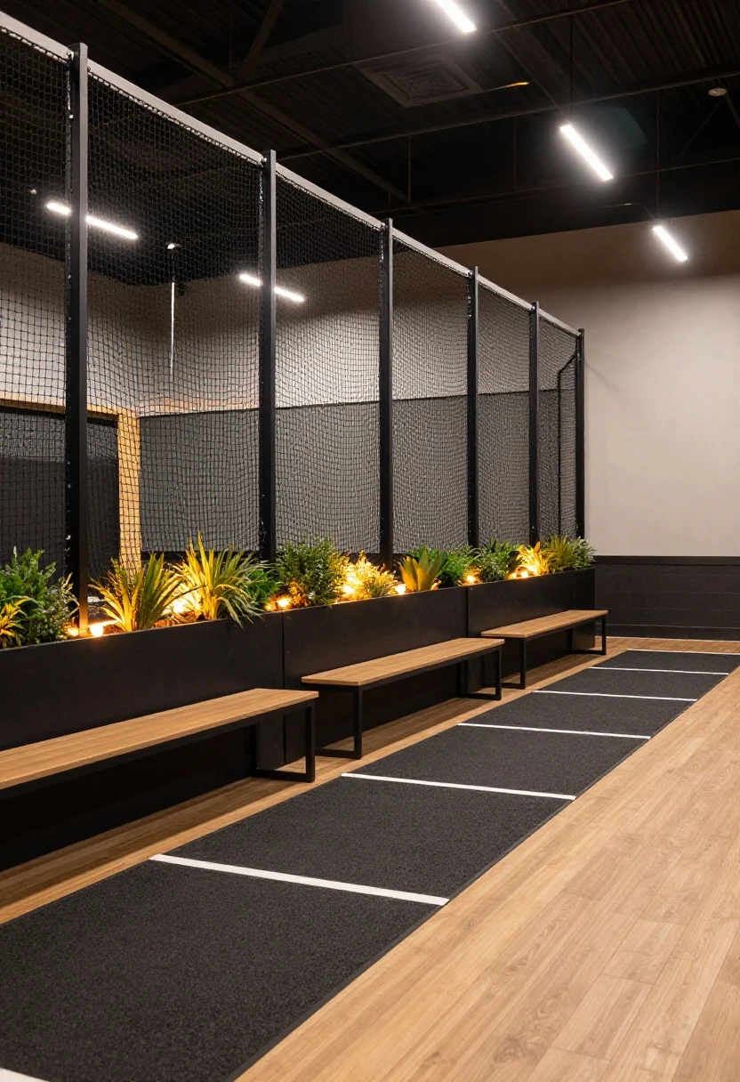 Photorealistic wide shot of a dual-purpose batting cage and lounge zone: hitting lane on the left with black net poles color-matched to matte-black outdoor furniture frames; planter boxes and low shrubs softening the cage exterior; warm amber string lights draped around the lounge seating area; bright, focused LED task lights over the hitting lane; slim bench near the cage entry for gear; rubber mats at home plate and a soft-toss screen for sound control; cohesive palette of matte black, deep bronze accents, and natural wood, twilight ambiance