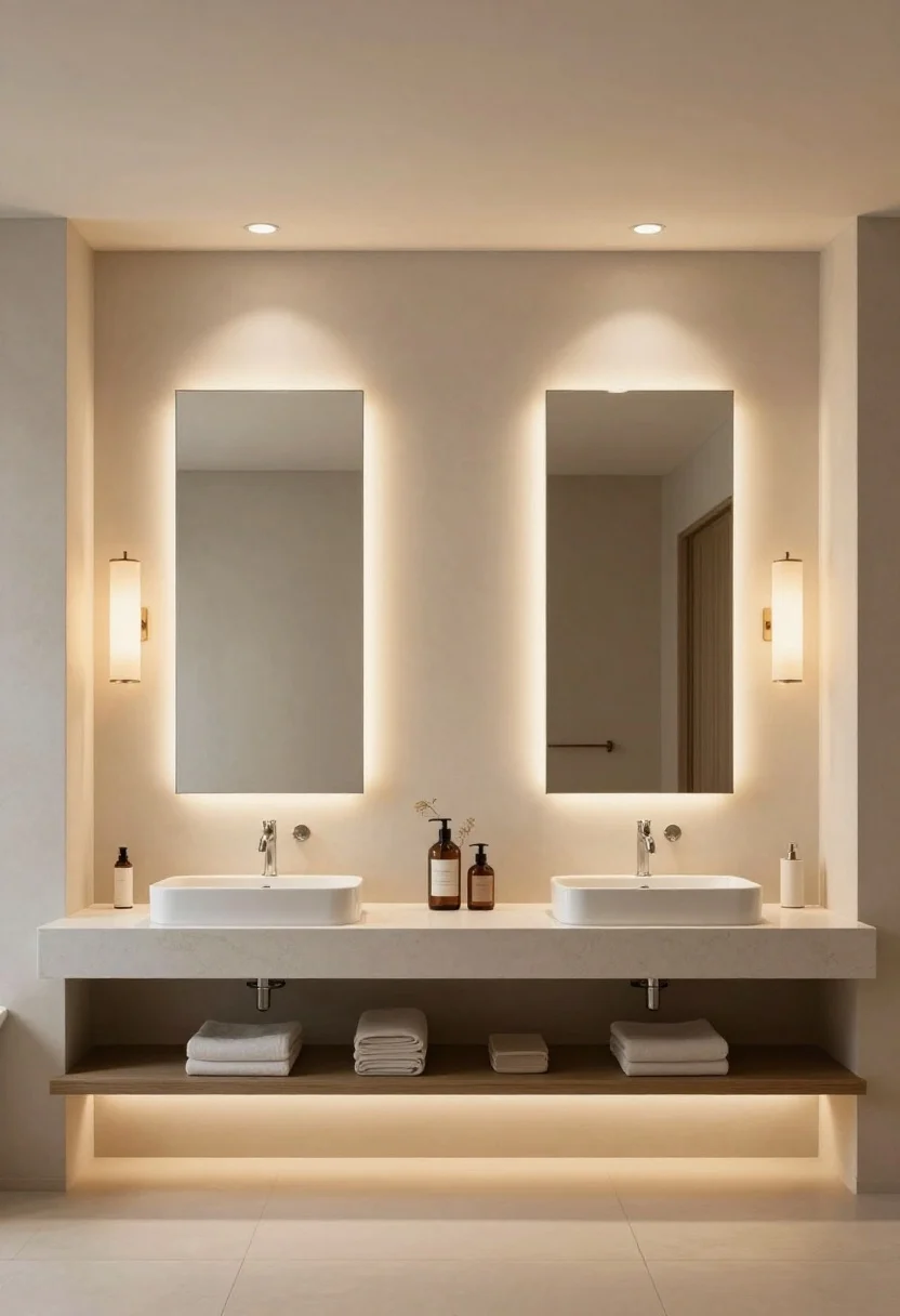 Photorealistic wide shot of a vanity wall showcasing layered luxe lighting: a pair of flanking sconces at eye level (about 60–66 inches) on either side of a backlit mirror over a floating vanity; warm 2700K–3000K dimmable recessed lights in the ceiling; subtle toe-kick LED strip under the vanity casting a soft wash on the floor; soft drum-shade pendant centered if ceiling height allows; overall glow flattering to skin tones, no harsh glare; finishes in neutral, spa-like palette; straight-on view emphasizing balanced task, ambient, and accent light