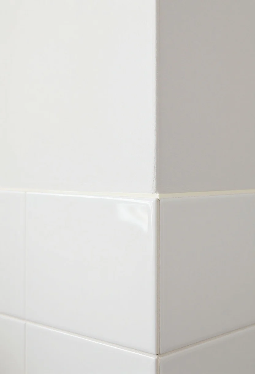 Straight-on closeup of a minimalist backsplash edge where flat rectified white tiles terminate cleanly against a painted wall; a flawless painter’s-tape-straight line of color-matched, siliconized paintable caulk blends with grout, finished in semi-gloss wall paint for wipeability, with bright, even lighting showing the crisp edge.