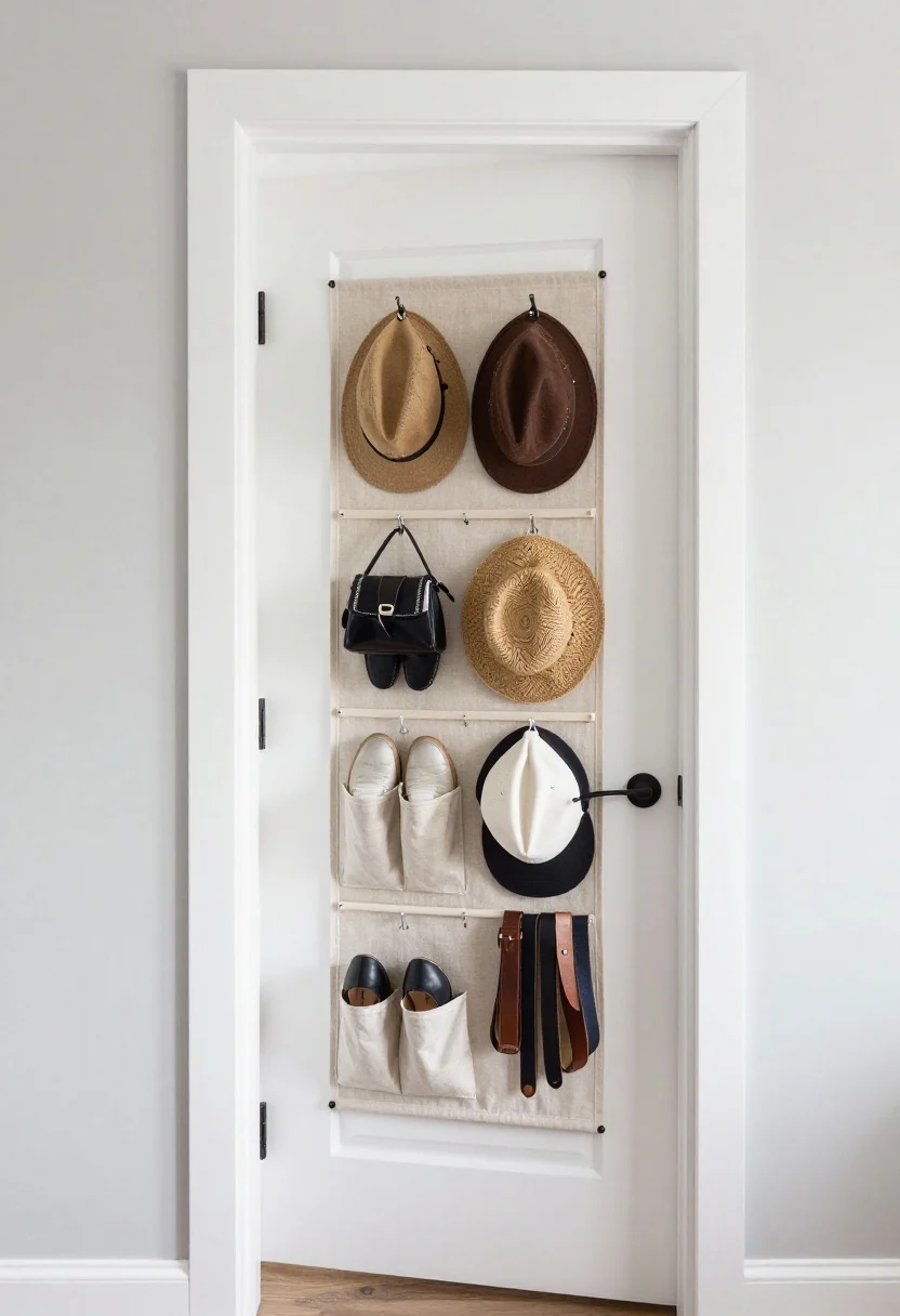 Straight-on detail shot: A bedroom door with a back-of-door rack in fabric shoe pockets holding accessories and shoes, whisper-quiet against a painted white door; inside the adjacent closet door, thin adhesive hooks and slim rails neatly organize belts, hats, and small bags; low-profile hardware allows full door swing without clanking; bright, even lighting highlighting the efficient use of both sides.